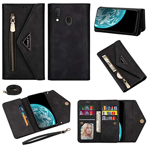 Vepbk Brieftasche Hülle für Samsung Galaxy A20E [nicht für A20] Handyhülle, Handytasche Case Leder Geldbörse mit Reißverschluss Kartenfach Umhängeband Wallet Cover Klapphülle für Galaxy A20E,Schwarz von Vepbk