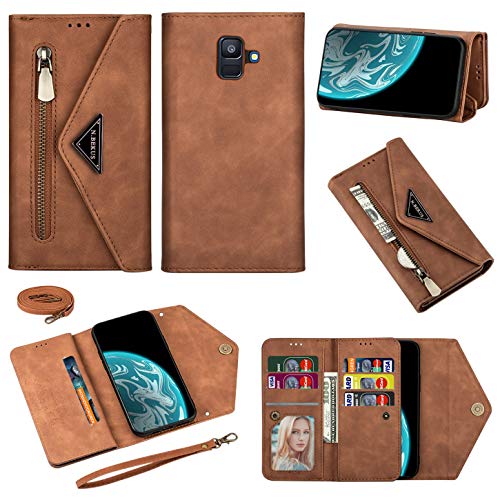 Vepbk Brieftasche Hülle für Samsung Galaxy A6 2018 / A600 Handyhülle, Handytasche Case Leder Geldbörse mit Reißverschluss Kartenfach Umhängeband Wallet Cover Klapphülle für Galaxy A6 2018/A600,Braun von Vepbk