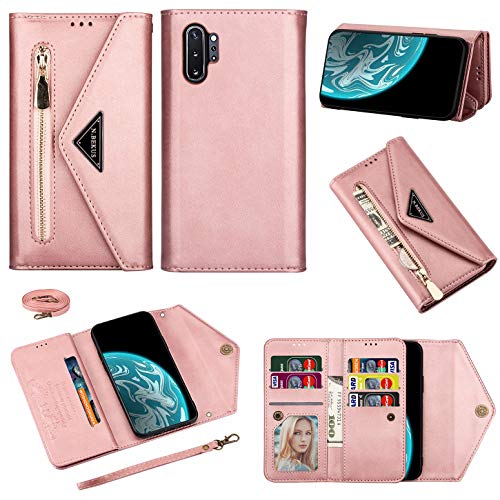 Vepbk Brieftasche Hülle für Samsung Galaxy Note 10 Plus [nicht für Note 10] Handyhülle Handytasche Case Leder Geldbörse Tasche mit Reißverschluss Kartenfach Umhängeband Cover Klapphülle,Rose Gold von Vepbk