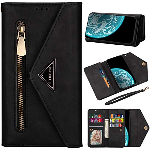 Vepbk Brieftasche Hülle für Xiaomi 11T / Xiaomi 11T Pro Handyhülle, Handytasche Case Hülle Leder Geldbörse mit Reißverschluss Umhängeband Cover Klapphülle für Xiaomi 11T / Xiaomi 11T Pro,Schwarz von Vepbk