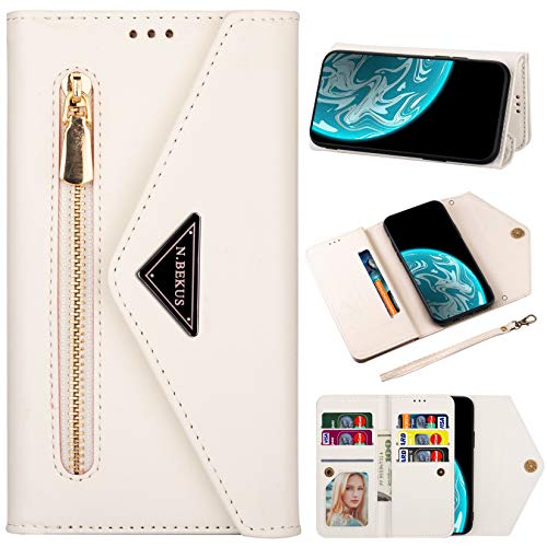 Vepbk Brieftasche Hülle für iPhone 11 Handyhülle, Handytasche Case Hülle Leder Geldbörse Tasche mit Reißverschluss Kartenfach Umhängeband Wallet Cover Klapphülle für iPhone 11,Weiß von Vepbk