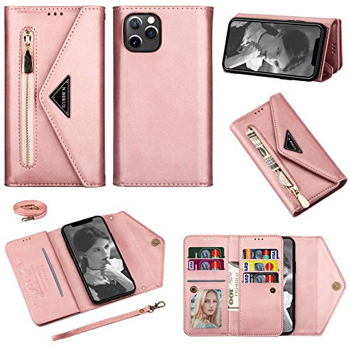 Vepbk Brieftasche Hülle für iPhone 12 / iPhone 12 Pro (6,1) Handyhülle Handytasche Case Hülle Leder Geldbörse Tasche mit Reißverschluss Kartenfach Umhängeband Wallet Cover Klapphülle,Rose Gold von Vepbk