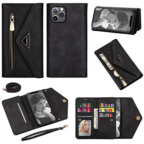 Vepbk Brieftasche Hülle für iPhone 12 / iPhone 12 Pro (6,1) Handyhülle Handytasche Case Hülle Leder Geldbörse Tasche mit Reißverschluss Kartenfach Umhängeband Wallet Cover Klapphülle,Schwarz von Vepbk