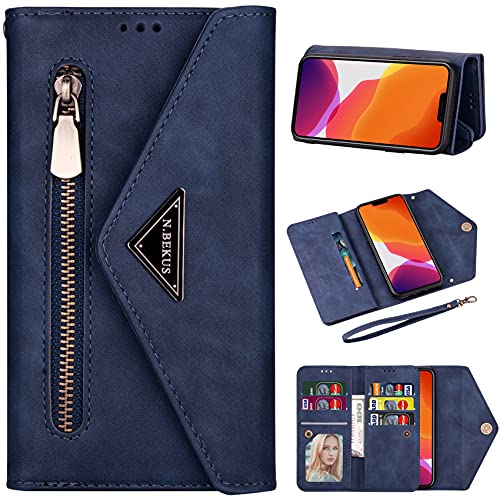 Vepbk Brieftasche Hülle für iPhone 13 Handyhülle, Handytasche Case Hülle Leder Geldbörse Tasche mit Reißverschluss Kartenfach Umhängeband Wallet Cover Klapphülle für iPhone 13,Blau von Vepbk