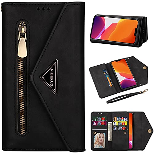 Vepbk Brieftasche Hülle für iPhone 13 Handyhülle, Handytasche Case Hülle Leder Geldbörse Tasche mit Reißverschluss Kartenfach Umhängeband Wallet Cover Klapphülle für iPhone 13,Schwarz von Vepbk