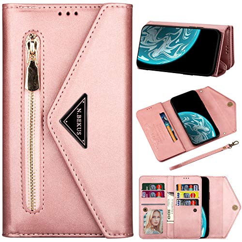 Vepbk Brieftasche Hülle für iPhone SE 2020 / iPhone 8 / iPhone 7 Handyhülle Handytasche Case Hülle Leder Geldbörse Tasche mit Reißverschluss Kartenfach Umhängeband Wallet Cover Klapphülle,Rose Gold von Vepbk