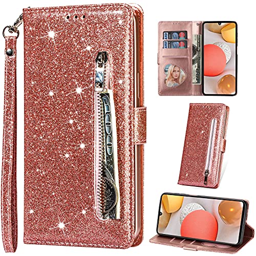 Vepbk für Samsung Galaxy A32 5G Hülle, Lederhülle Schutzhülle Handyhülle Leder Handytasche Case Hülle Glitzer mit Kartenfach Geldbörse Magnet Brieftasche Etui Flip Cover für Galaxy A32 5G,Rose Gold von Vepbk