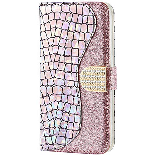 Vepbk für Samsung Galaxy S21 Hülle, Handyhülle Schutzhülle Handytasche Leder Tasche Case Glitzer Bling Flip Etui Diamant Strass Magnet Lederhülle für Samsung Galaxy S21,Silber Rosa von Vepbk