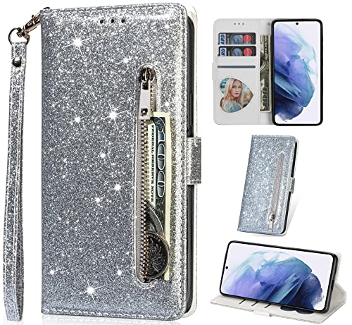 Vepbk für Samsung Galaxy S22 Hülle, Lederhülle Schutzhülle Handyhülle Leder Handytasche Case Hülle Glitzer mit Kartenfach Geldbörse Magnet Brieftasche Etui Flip Cover für Samsung Galaxy S22,Silber von Vepbk