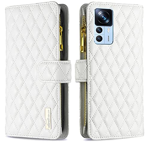 Vepbk für Xiaomi 12T / Xiaomi 12T Pro Hülle, Handyhülle Tasche Geldbörse Leder Klapphülle mit Reißverschluss Kartenfach Geldfach Flip Case Klappbar Schutzhülle für Xiaomi 12T / 12T Pro,Weiß von Vepbk