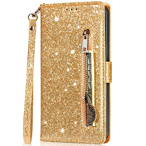 Vepbk für Xiaomi 13 Hülle, Lederhülle Schutzhülle Handyhülle Leder Handytasche Case Hülle Glitzer mit Kartenfach Geldbörse Magnet Brieftasche Etui Flip Cover für Xiaomi 13,Gold von Vepbk