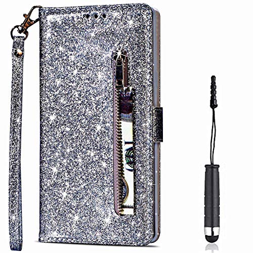 Vepbk für iPhone 11 Pro Hülle, Lederhülle Schutzhülle Handyhülle Leder Handytasche Case Hülle Glitzer Bling mit Kartenfach Geldbörse Magnet Brieftasche Etui Flip Cover für iPhone 11 Pro,Silber von Vepbk