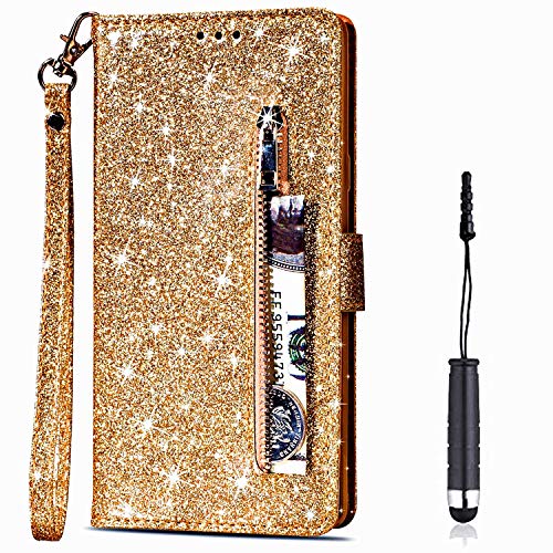 Vepbk für iPhone 11 Pro Max Hülle, Lederhülle Schutzhülle Handyhülle Leder Handytasche Case Hülle Glitzer mit Kartenfach Geldbörse Magnet Brieftasche Etui Flip Cover für iPhone 11 Pro Max,Gold von Vepbk