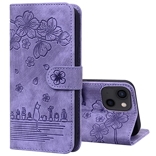 Vepbk für iPhone 13 Hülle, Handyhülle mit Muster Blumen Motiv Kartenfach Ständer Klapphülle Leder Tasche Hülle Klappbar Flip Case Magnet Etui Schutzhülle für iPhone 13,Violett von Vepbk