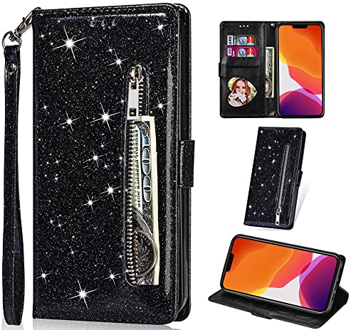 Vepbk für iPhone 13 Mini (nicht für iPhone 13) Hülle, Lederhülle Schutzhülle Handyhülle Leder Handytasche Case Glitzer mit Kartenfach Geldbörse Magnet Etui Flip Cover für iPhone 13 Mini,Schwarz von Vepbk