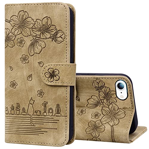 Vepbk für iPhone SE 2022 / iPhone SE 2020 / iPhone 8/iPhone 7/iPhone 6/6S Handyhülle mit Muster Blumen Motiv Ständer Klapphülle Leder Tasche Hülle Klappbar Flip Case Magnet Schutzhülle,Hellbraun von Vepbk