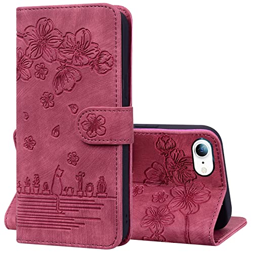 Vepbk für iPhone SE 2022 / iPhone SE 2020 / iPhone 8/iPhone 7/iPhone 6/6S Handyhülle mit Muster Blumen Motiv Ständer Klapphülle Leder Tasche Hülle Klappbar Flip Case Magnet Etui Schutzhülle,Rot von Vepbk