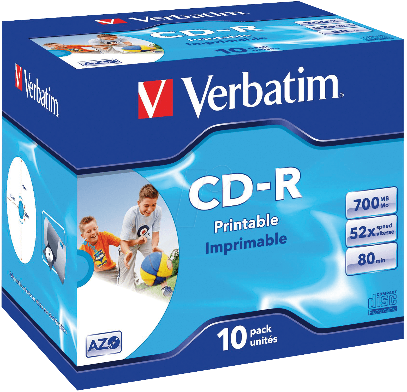 CD 8010 VER-P - CD-R AZO, 700 MB, 52x, bedruckbar, 10er Pack Jewel Case von Verbatim