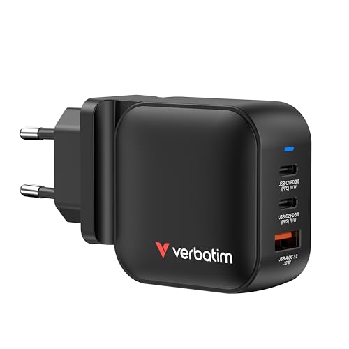 Verbatim Mini GaN Charger 70 W, 3 Ports USB-C Ladegerät, Power Adapter mit 2 x USB-C und 1 x USB-A, Schnellladegerät als Mehrfachstecker, für Apple iPad, iPhone, Samsung & Co, für EU, UK, USA von Verbatim