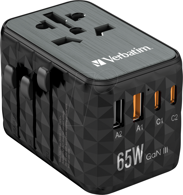 VERBATIM 32120 - USB-Reiseladegerät, 65 W, 1x USB-C PD, 1x USB-A, 1x USB-A QC 3.0 von Verbatim