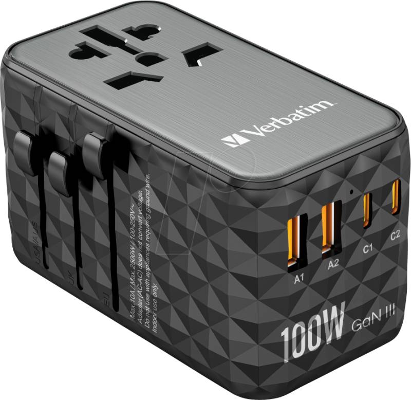 VERBATIM 32121 - USB-Reiseladegerät, 100 W, 2x USB-C PD, 2x USB-A QC 3.0, GaN von Verbatim