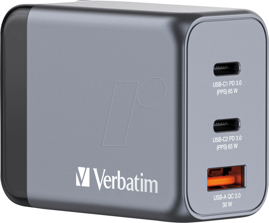 VERBATIM 32201 - USB-Ladegerät, 65 W, 2x USB-C PD, 1x USB-A QC 3.0, GaN von Verbatim
