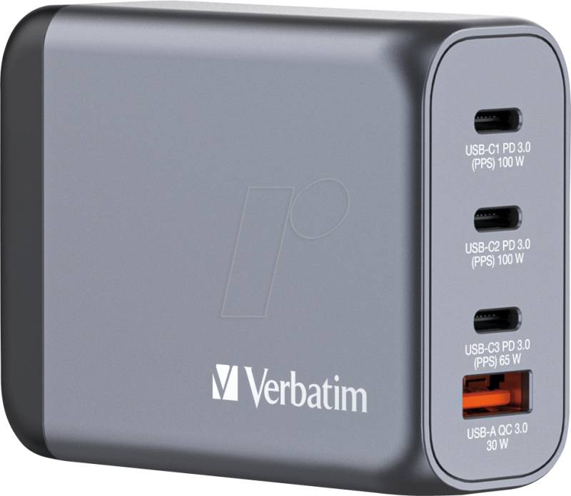 VERBATIM 32202 - USB-Ladegerät, 100 W, 3x USB-C PD, 1x USB-A QC 3.0, GaN von Verbatim