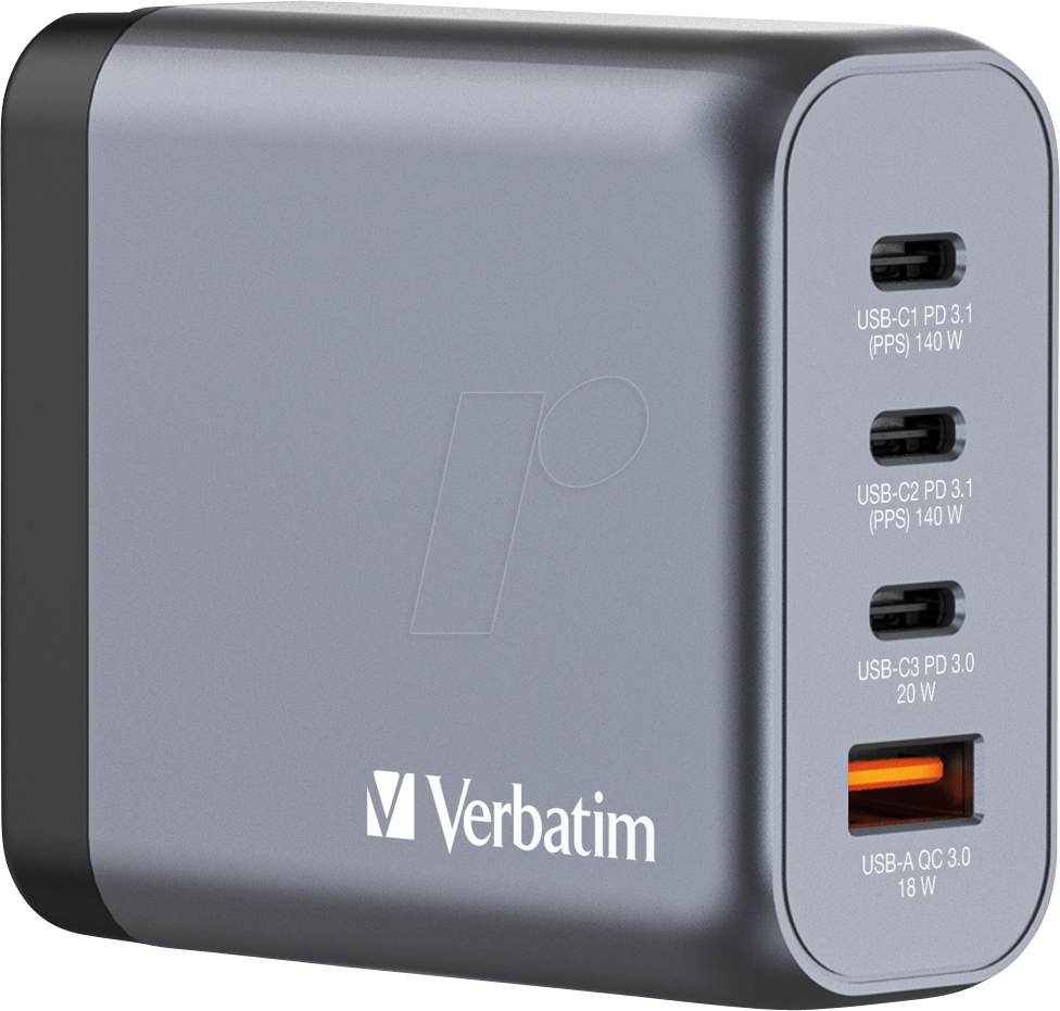 VERBATIM 32203 - USB-Ladegerät, 140 W, 3x USB-C PD, 1x USB-A QC 3.0, GaN von Verbatim