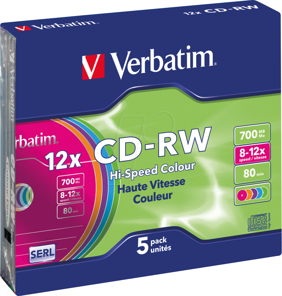 VERBATIM 43167 - CD-RW, Colour, 700 MB, 12x, 5er Pack Slim Case von Verbatim