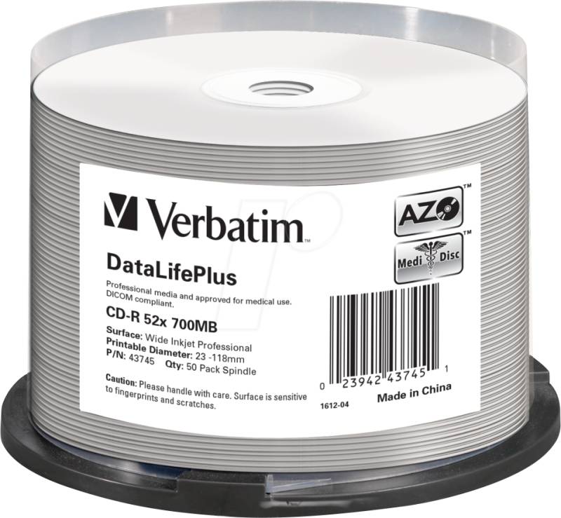VERBATIM 43745 - CD-R 700 MB, 52x, bedruckbar, 50er Spindel von Verbatim