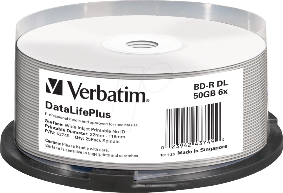 VERBATIM 43749 - BD-R, No-ID bedruckbar 50 GB, 6x, 25er Pack Spindle von Verbatim