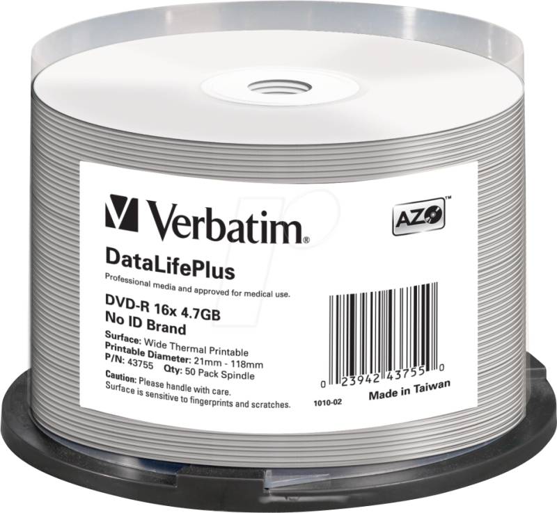 VERBATIM 43755 - DVD-R 4,7 GB, Thermisch bedruckbar, 50er Spindel von Verbatim