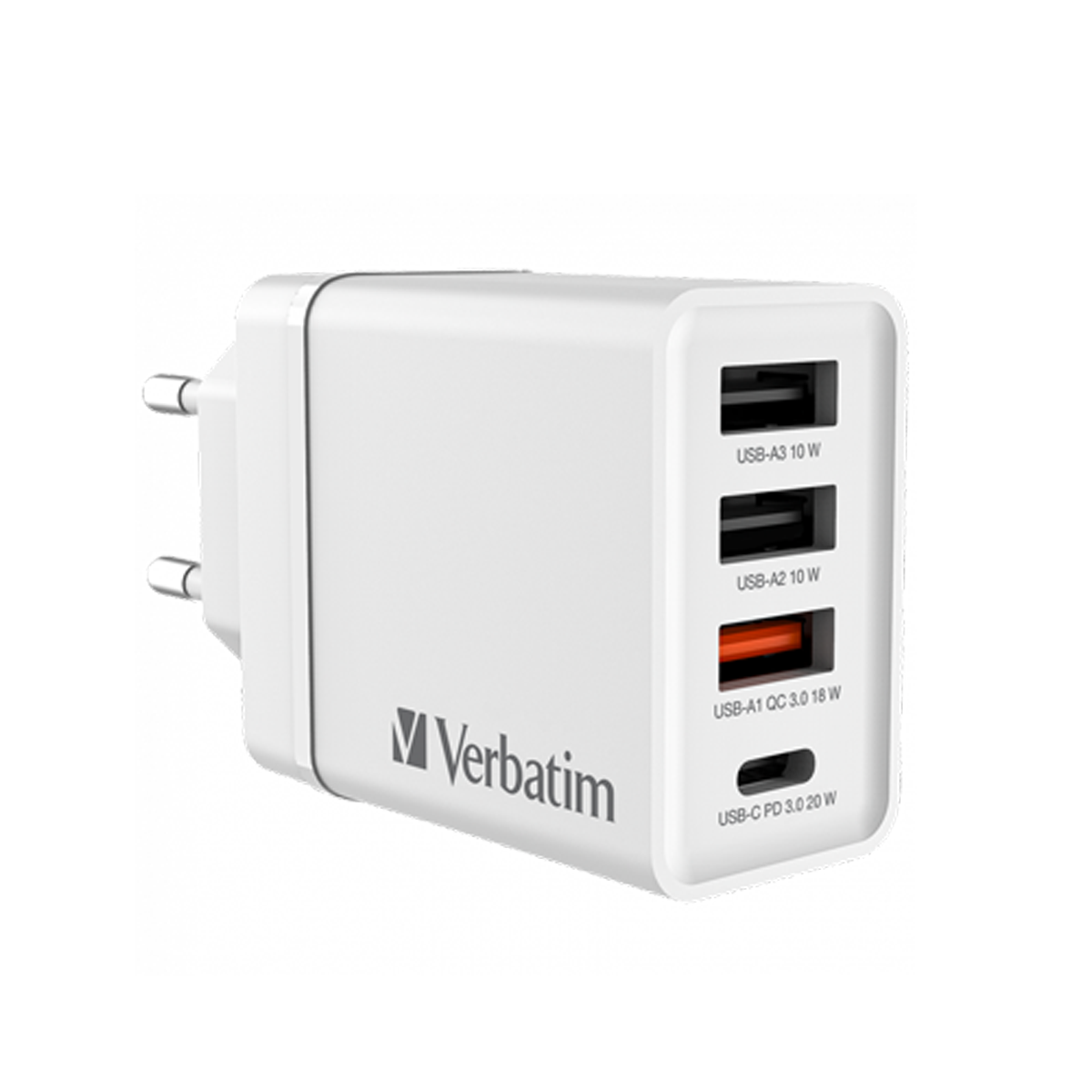 VERBATIM CHR-30EU2 30 W USB Netzladegerät mit 4 Anschlüssen 1 x USB-C® PD 20 W / 1 x USB-A QC 3.0 / 2 x USB-A 10W, weiß von Verbatim