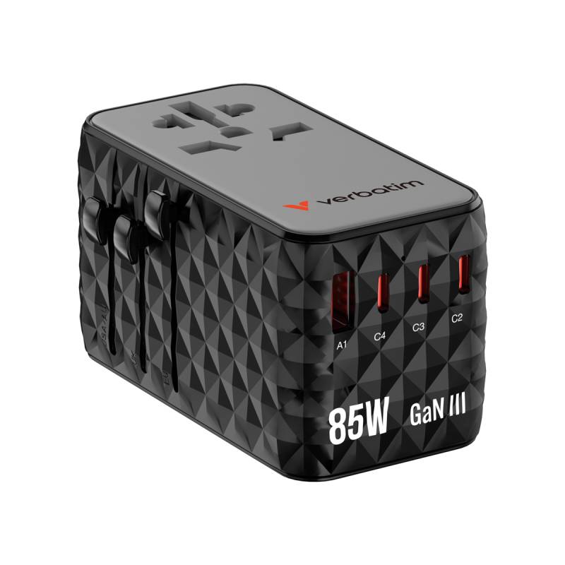 VERBATIM Charge ´n´ Travel Reiseadapter Diamond 85W - integriertes einziehbares USB-C Kabel CNT-02 von Verbatim