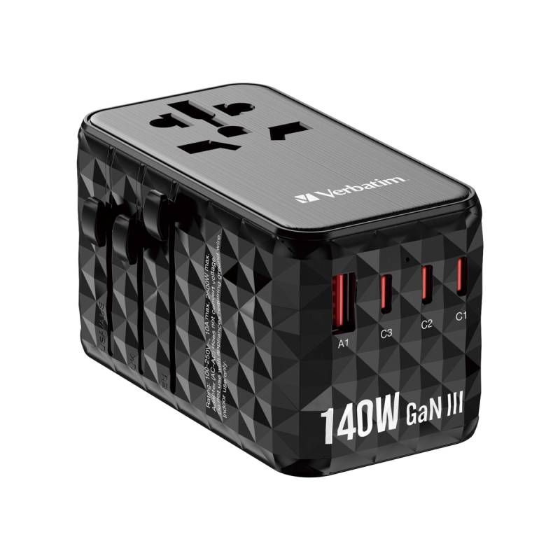 VERBATIM GAN III UNIVERSAL Reiseadapter UTA-10 mit 2 X USB-C PD 140W & QC 4+ / 2 X USB-A QC 3.00 von Verbatim
