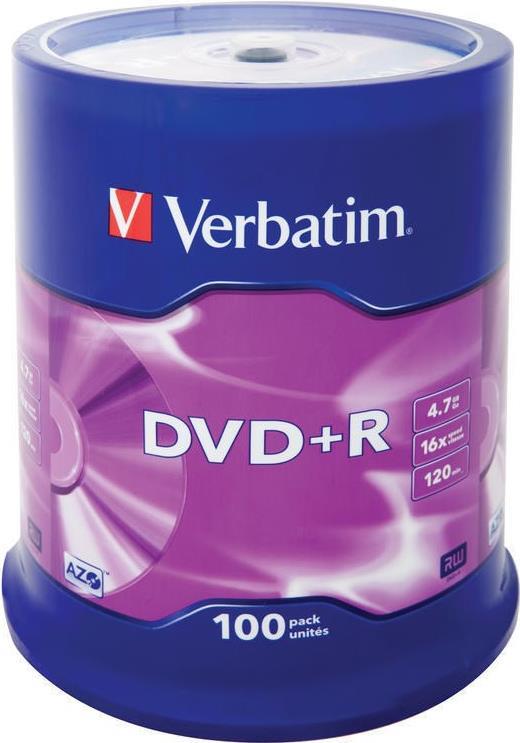 Verbatim - 100 x DVD+R - 4.7GB 16x - mattes Silber - Spindel - Speichermedium (43551) von Verbatim