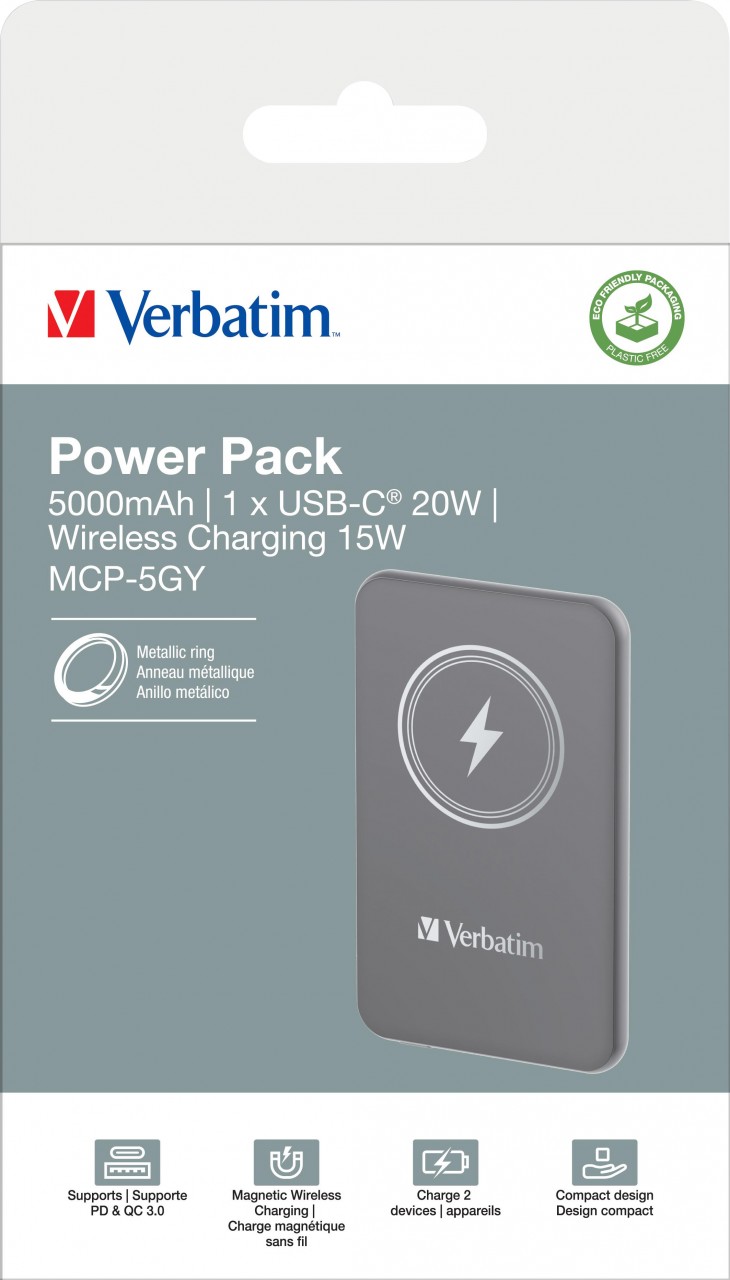 Verbatim Akku Powerbank, 5.000mAh, MCP-5GN, grau Magnetic Wireless, USB-C, QC-PD 3.0, Retail-Blister Verbatim Akku Powerbank, 5.000mAh, MCP-5GN, grau Magnetic Wireless, USB-C, QC-PD 3.0, Retail-Blister von Verbatim