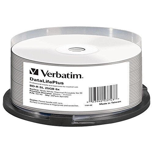 Verbatim BD-R Blu-ray Rohlinge 25 GB, Blu-ray-Disc mit 6-facher Schreibgeschwindigkeit, 25er-Pack Spindel, großflächig thermisch bedruckbar, Blu-ray-Disks für Video- und Audiodateien von Verbatim