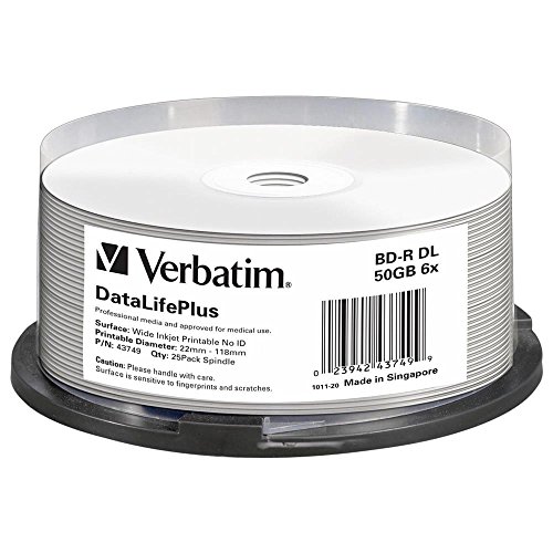 Verbatim BD-R DL Blu-ray Rohlinge 50 GB, Blu-ray-Disc mit 6-facher Schreibgeschwindigkeit, 25er-Pack Spindel, großflächig bedruckbar, Blu-ray-Disks für Video- und Audiodateien von Verbatim