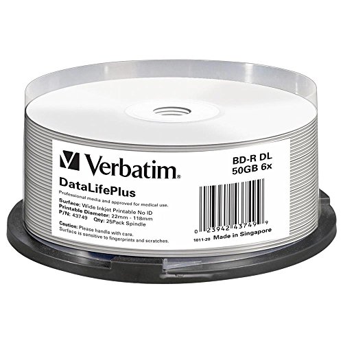Verbatim BD-R DL Blu-ray Rohlinge 50 GB, Blu-ray-Disc mit 6-facher Schreibgeschwindigkeit, 25er-Pack Spindel, großflächig bedruckbar, Blu-ray-Disks für Video- und Audiodateien Verbatim BD-R DL Blu-ray Rohlinge 50 GB, Blu-ray-Disc mit 6-facher Schreibgeschwindigkeit, 25er-Pack Spindel, großflächig bedruckbar, Blu-ray-Disks für Video- und Audiodateien von Verbatim