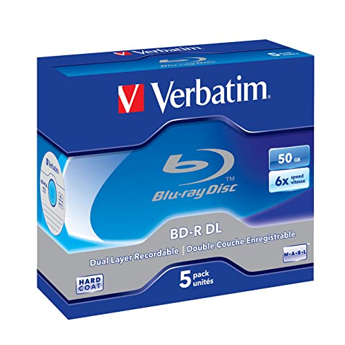 Verbatim BD-R Dual Layer Blu-ray Rohlinge 50 GB, Blu-ray-Disc mit 6-facher Schreibgeschwindigkeit, mit Kratzschutz, 5er-Pack Jewel Case, Blu-ray-Disks für Video- und Audiodateien von Verbatim