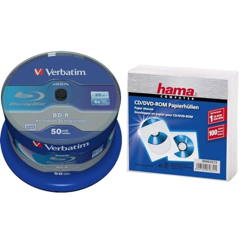 Verbatim BD-R SL Blu Ray Rohlinge, Datalife Blu Ray Disc mit 25 GB Datenspeicher & Hama CD-/DVD-/Blu-ray Papierhüllen (mit transparentem Sichtfenster, verschließbar) 100er-Pack, weiß von Verbatim