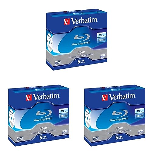 Verbatim BD-R Single Layer 6 -fache Brenngeschwindigkeit, Printable Surface Scratchguard Plus,5 Stück (Packung mit 3) von Verbatim