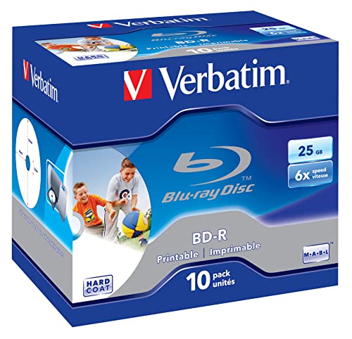 Verbatim BD-R Single Layer Blu-ray Rohlinge, 25 GB, Blu-ray-Disc mit 6-facher Schreibgeschwindigkeit, 10er-Pack, großflächig bedruckbar, Blu-ray-Disks für Video- und Audiodateien von Verbatim