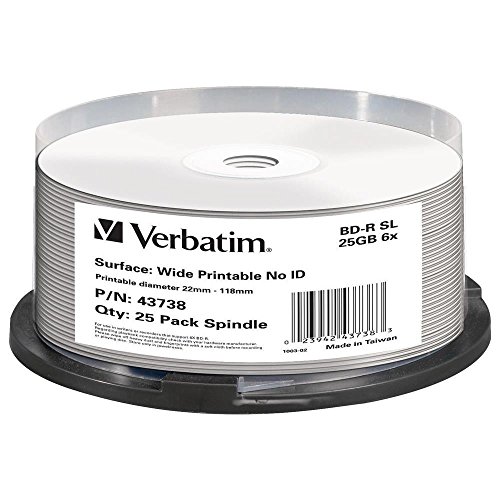 Verbatim BD-R Single Layer Blu-ray Rohlinge 25 GB, Blu-ray-Disc mit 6-facher Schreibgeschwindigkeit, großflächig bedruckbar, 25er-Pack Spindel, Blu-ray-Disks für Video- und Audiodateien von Verbatim