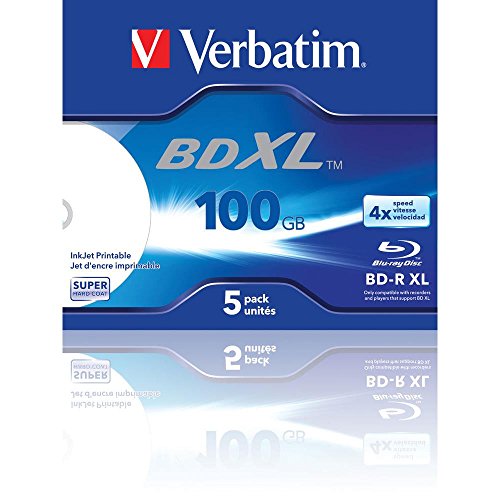 Verbatim BD-R XL Blu-ray Rohlinge 100 GB, Blu-ray-Disc mit 4-facher Schreibgeschwindigkeit, 5er-Pack Jewel Case, großflächig bedruckbar, Blu-ray-Disks für Video- und Audiodateien von Verbatim
