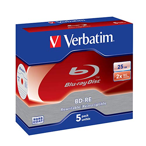 Verbatim BD-RE Single Layer Blu-ray Rohlinge 25 GB, Blu-ray-Disc mit 2-facher Schreibgeschwindigkeit, mit Kratzschutz, 5er-Pack Jewel Case, Blu-ray-Disks für Video- und Audiodateien von Verbatim