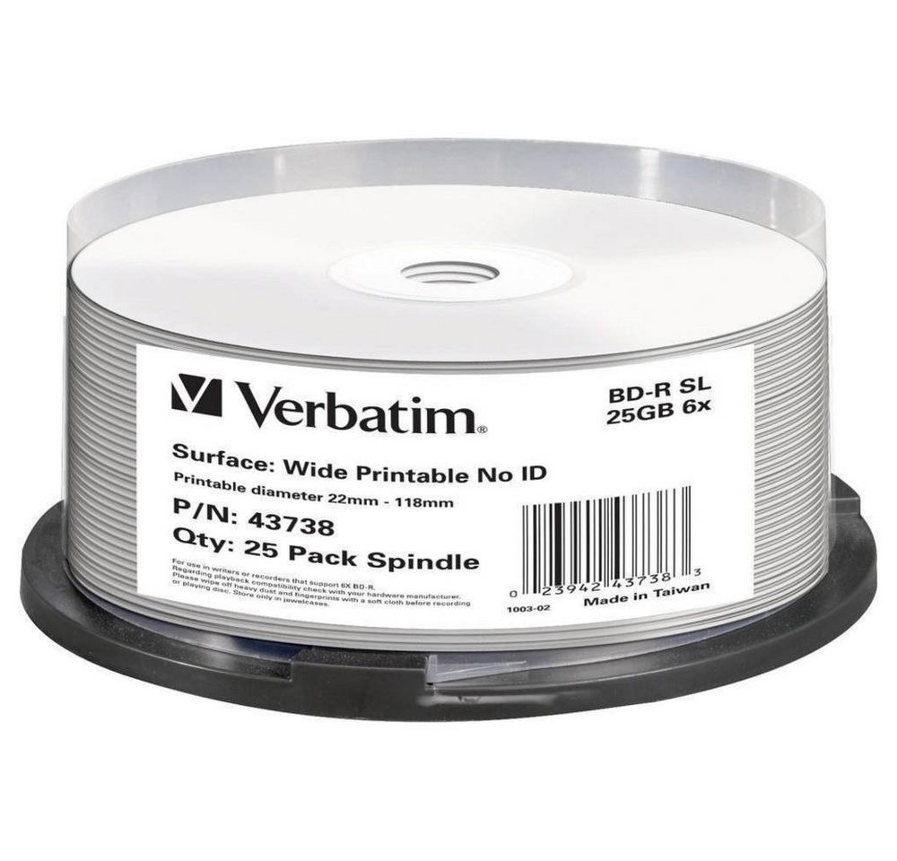Verbatim Blu-ray-Rohling Blu-ray BD-R SL 25 GB 6x 25er Spindel bedruckbar, Bedruckbar von Verbatim