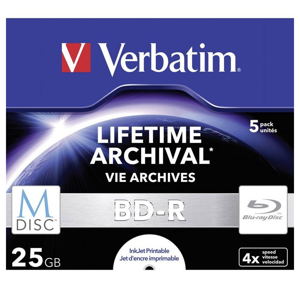 Verbatim Blu-ray-Rohling M-Disc BD-R 25GB Bedruckbar 4x 5er Jewel Case, Bedruckbar von Verbatim