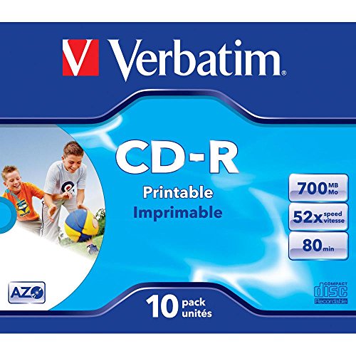 Verbatim CD-R AZO Wide Inkjet Printable 700 MB, 10er Pack Jewel Case, CD Rohlinge, 52-fache Brenngeschwindigkeit mit langer Lebensdauer, leere CDs bedruckbar, Audio CD Rohling von Verbatim